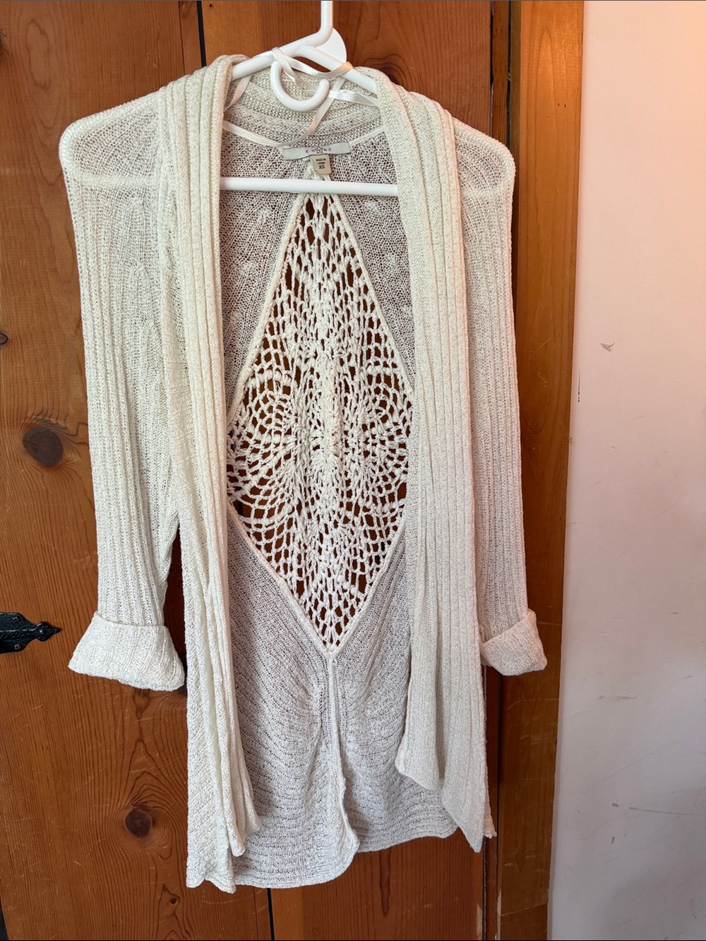 Fever Cream Open-Front Longline Cardigan with Crochet Back